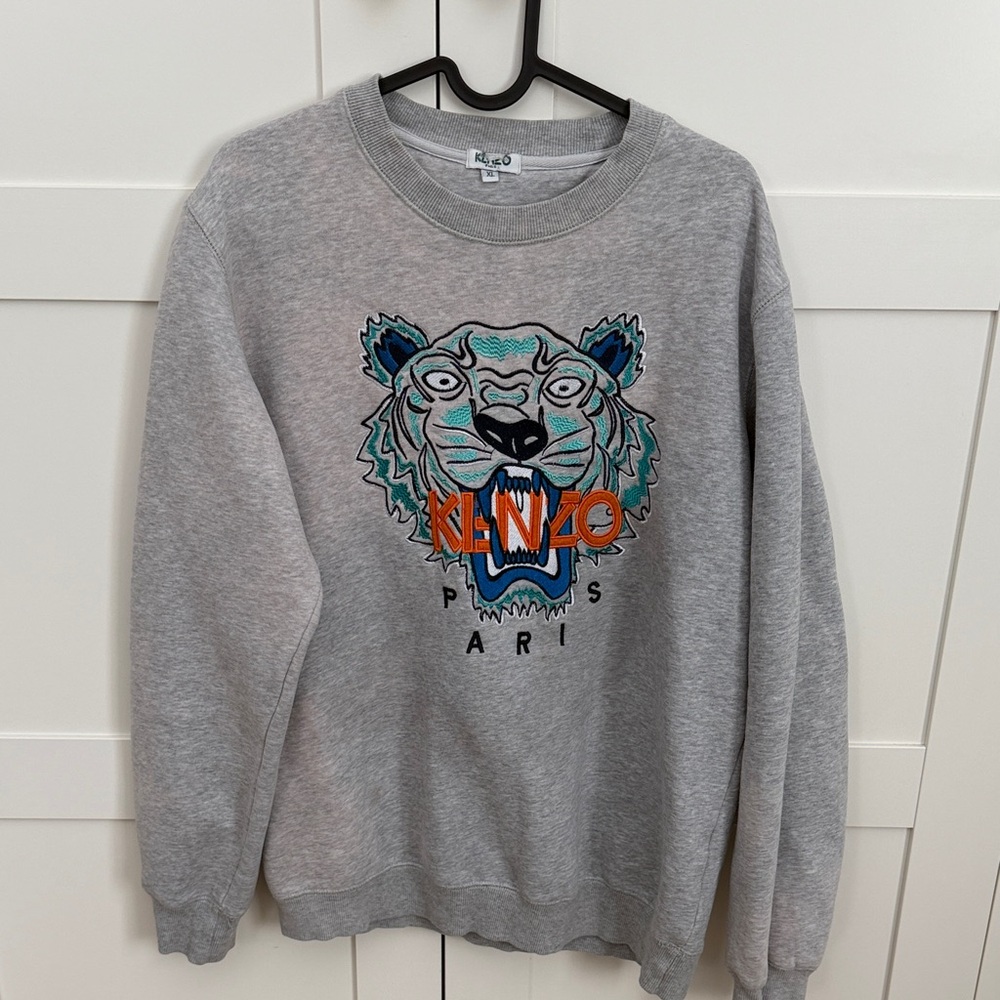 Kenzo Grey Crewneck Sweatshirt with Multicolor Tiger Embroidery